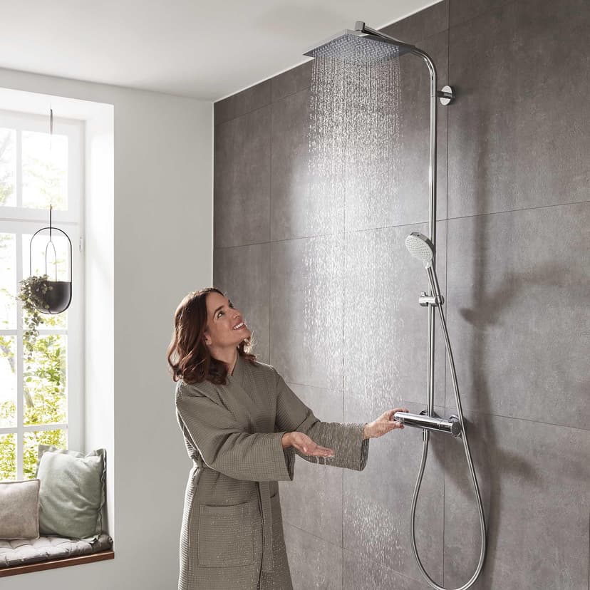 hansgrohe Crometta E - Colonne de douche économie d'eau (EcoSmart) avec mitigeur thermostatique, douche pluie (240 x 240mm), douchette, support, flexible, barre et douche de tête, Chromé, 27281000 - 8