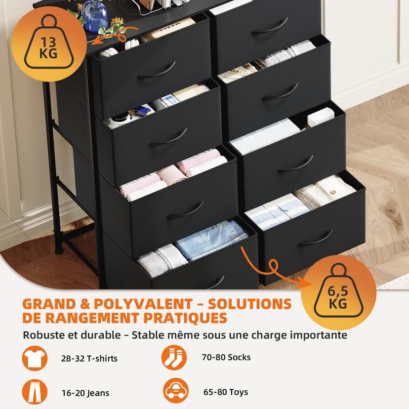 Somdot Tall Chest of Drawers for Bedroom with 8 Drawers, Wide Storage Organiser Fabric Dresser for Closet Nursery Bedside Living Room Laundry Entryway Hallway, Black - 5