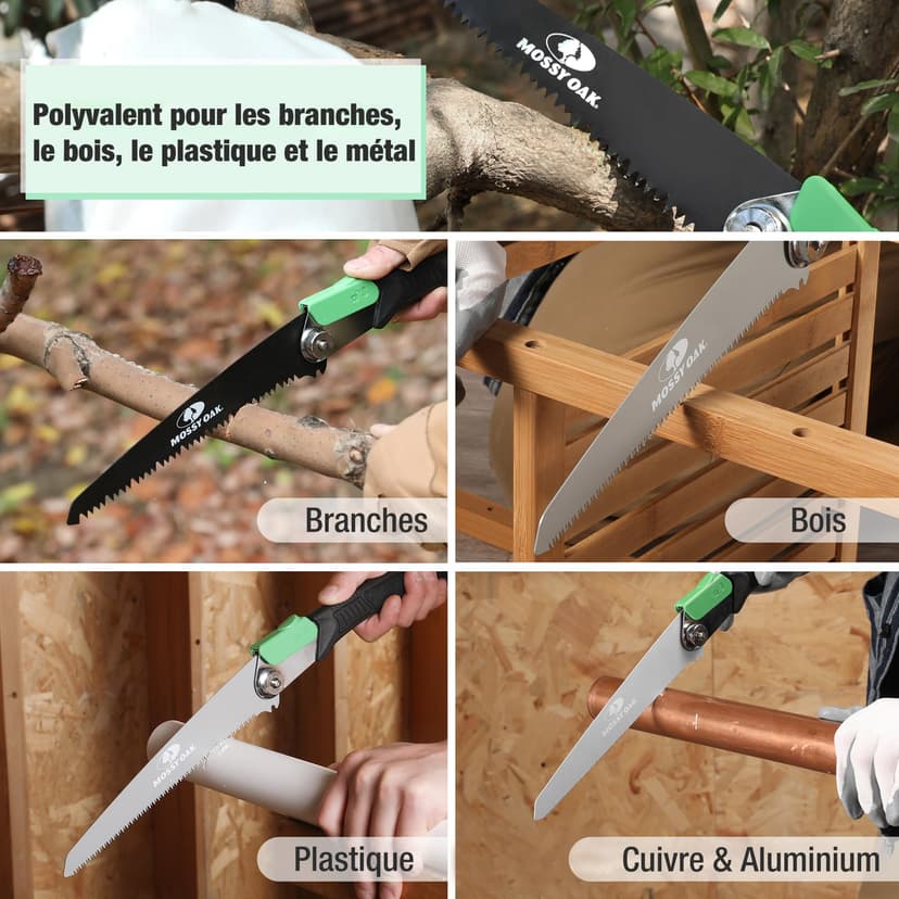 Mossy Oak Pruning Saw, Folding Hand Saw with Secure Lock, 3 Blades Made of Cr-V and 65Mn, for Wood, Bone, PVC, Tree Pruning, Camping, Hunting, Non-Ferrous Metal, Solid TPR Soft Grip and Portable Pouch - 9