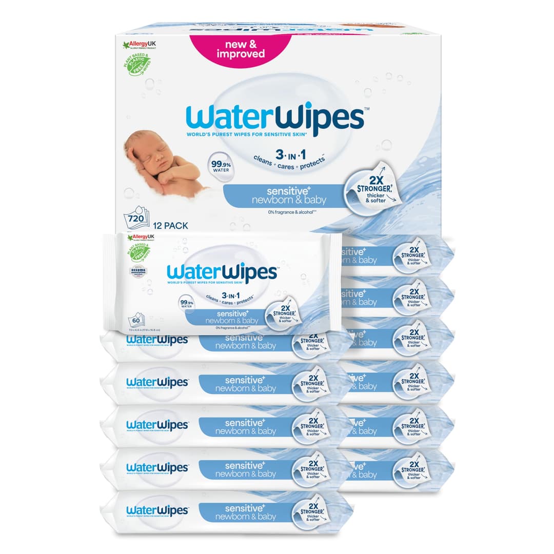 WaterWipes Sensitive+ Newborn & Baby Wipes, Lingettes Pour Nouveau-Nés et Bébés, 720 unités (12 paquets), 3-en-1 nettoie, soigne, protège, 99,9% d'eau, non parfumées