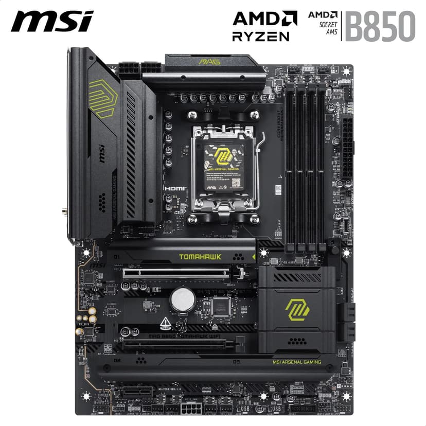 MSI MAG B850 TOMAHAWK WIFI Motherboard, ATX - Supports AMD Ryzen 9000/8000 / 7000 Processors, AM5-80A SPS VRM, DDR5 Memory Boost 8200+ MT/s (OC), PCIe 5.0 x16, M.2 Gen5, Wi-Fi 7, 5G LAN - 2