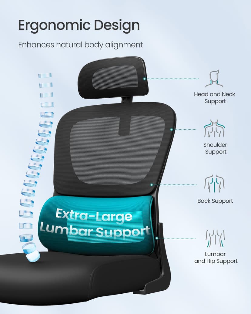 SONGMICS Office Chair, Ergonomic Mesh Chair for Desk, with Double-Layer Breathable Mesh Fabric, Dynamic Lumbar Support, Adjustable Headrest, for Home Office, Ink Black OBN041B01 - 6
