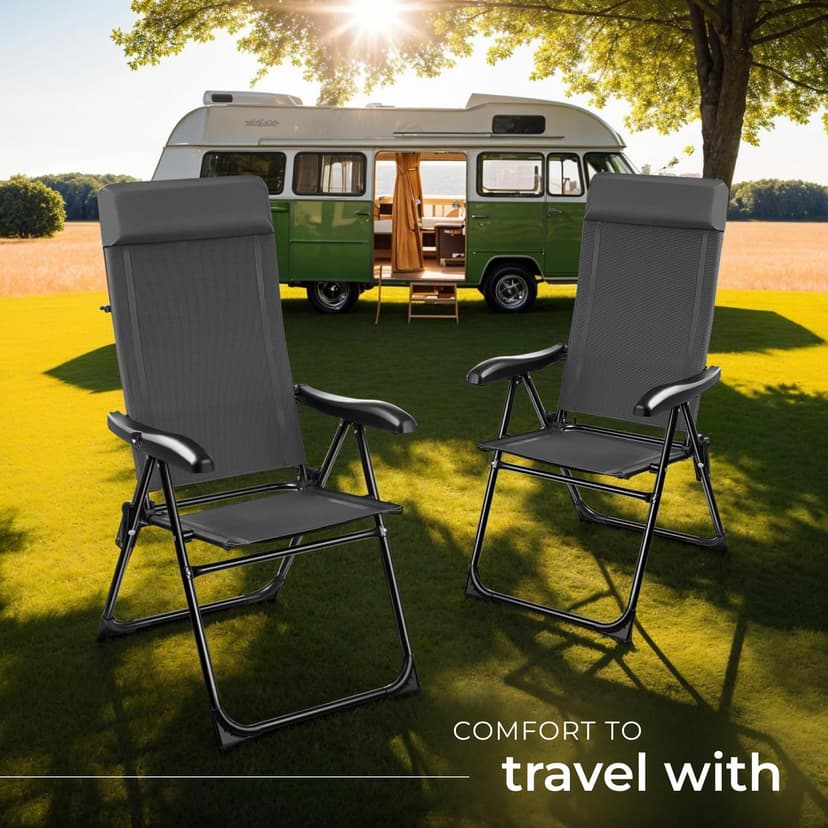 tectake® Set of 2 Folding Camping Chairs with Adjustable Backrest & Soft Head Cushion, Durable Camping Chair Set with Weather-Resistant Frame, Folding Chair Set for Travel, Garden, Patio - Anthracite - 8