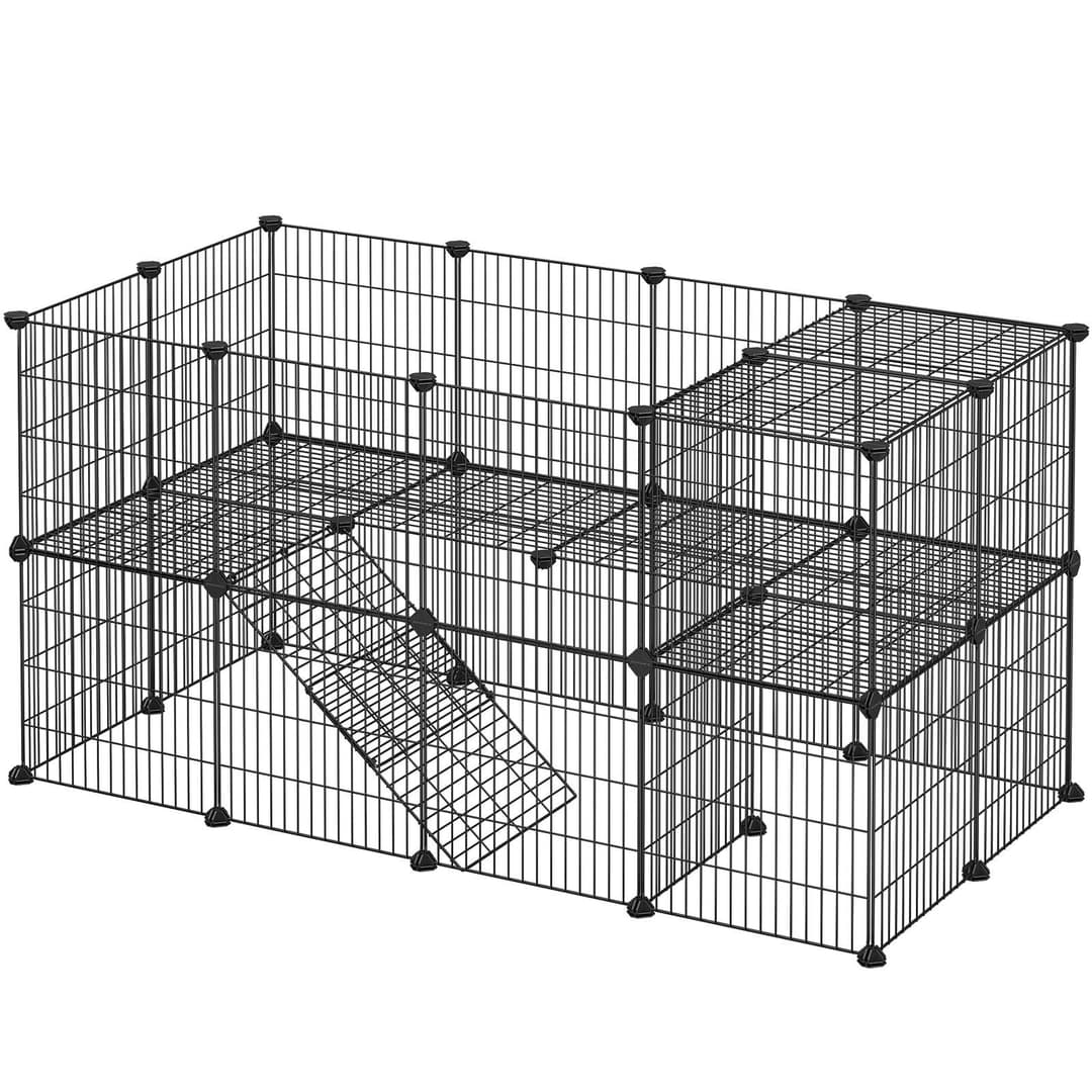 SONGMICS Clôture pour Animaux Domestiques, 2 Niveaux, Enclos Modulable, pour Petits Animaux, Hamsters, Lapins, Cochon d’Inde, Panneaux Grillagés, Usage Intérieur, 143 x 73 x 71 cm, Noir LPI02H