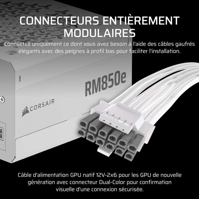 CORSAIR RM850e (2025) Fully Modular ATX Power Supply with Low Noise and 12V-2x6 Cable - ATX 3.1 & PCIe 5.1, Cybenetics Gold Efficiency, 105°C Capacitors, Modern Standby Mode – White - 4