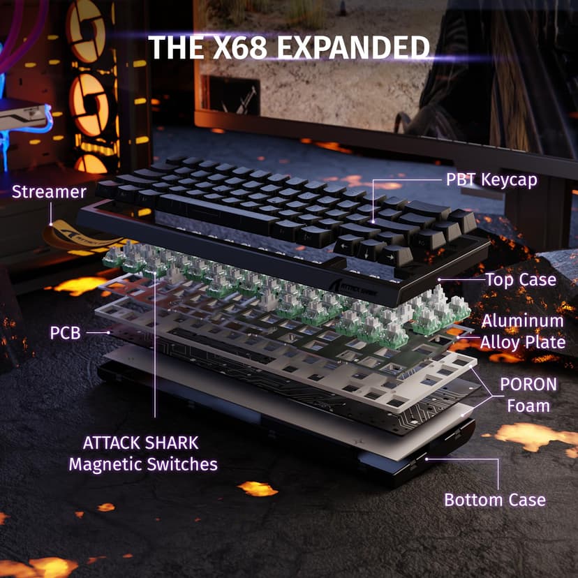 ATTACK SHARK X68 HE 8000Hz Rapid Trigger Keyboard, 0.01mm RT Accuracy Wired Gaming Keyboard with Magnetic Switch, Adjustable Actuation, Rapid Trigger, Snap Tap, RGB Lighting for PC/Mac, Black Contours - 9