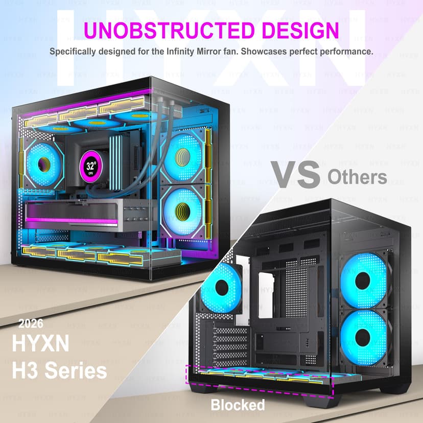 H3 ATX PC Case - Pre-Installed 6 Infinity Mirror PWM ARGB Fans, Compact ATX Dual Chamber Mid Tower Gaming PC Case, with Type-C 3.2 (Black, H3) - 4