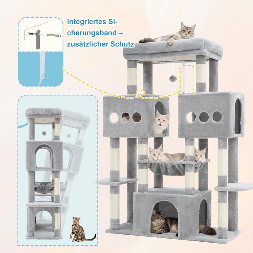 Hey-brother EMPJ083W 146 cm Stable Cat Tree with Toys, Cave, 3 Platforms, 2 Cat Baskets, Light Grey - 7