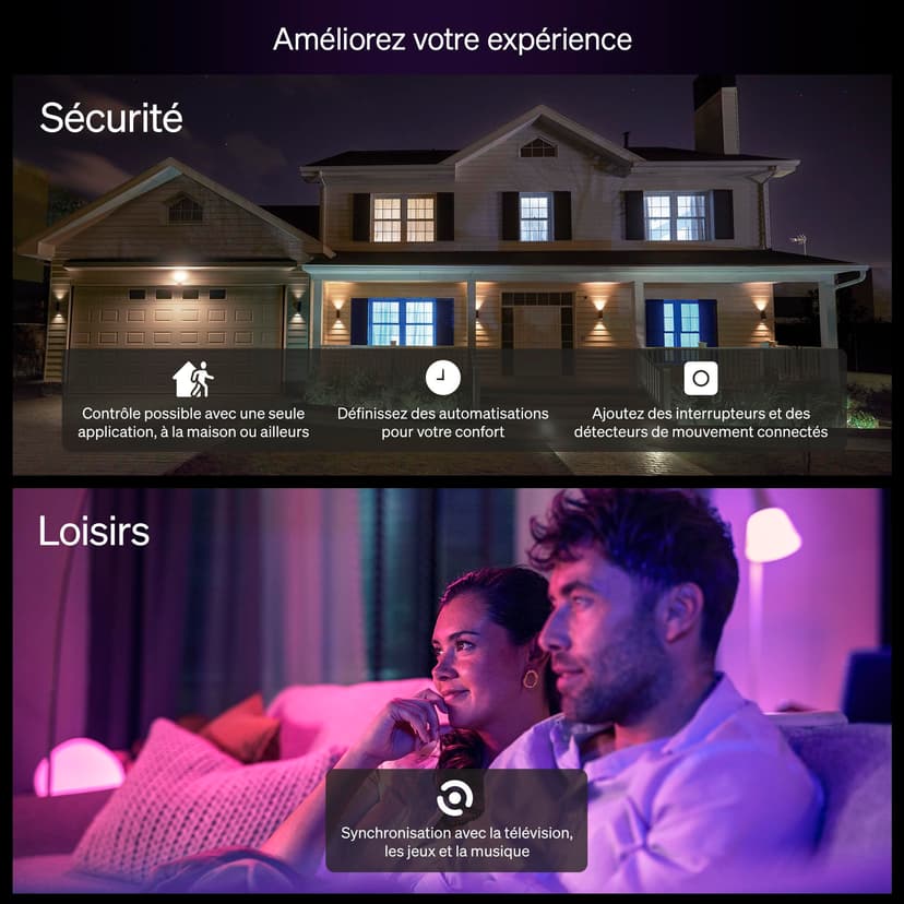 Philips Hue Essential Ampoule Connectée LED A60, White and Color Ambiance, Ampoule Philips Hue E27, 8W, 2200-6500 K, 806 lm, Intensité réglable, Compatible Alexa, Google et Apple Home, Pack de 4 - 7