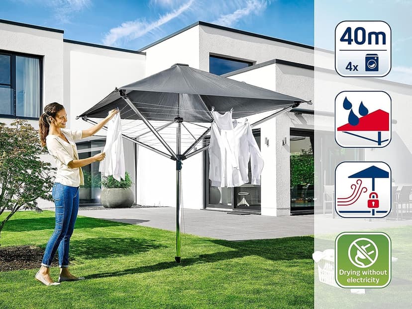 Leifheit LinoProtect 400 DL; 40m Rotary clothes line with integrated waterproof cover to keep laundry dry - even when it rains; 2.94m turning diameter, Easy pull-open, Non-rust, lightweight aluminium - 3
