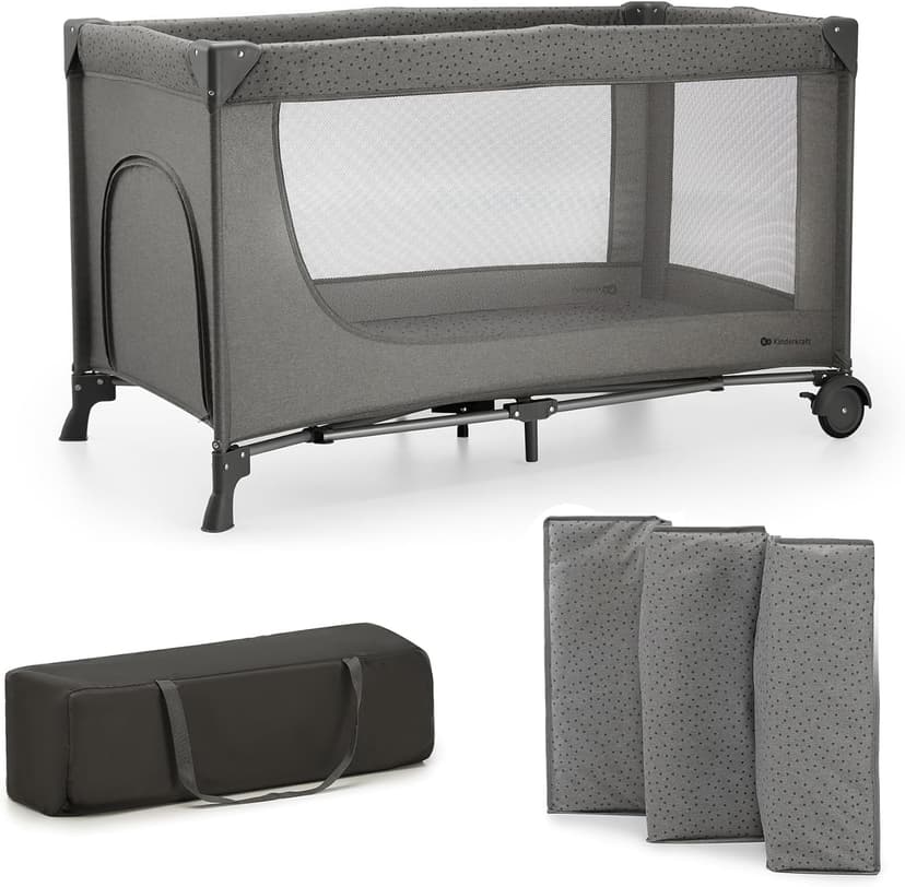 Kinderkraft JOY 2 2 in 1 Umbrella Bed, Newborn Baby Cot up to 25 kg, 120 x 60 cm, Easy to Fold, Shelves for Nappies, Grey - 1