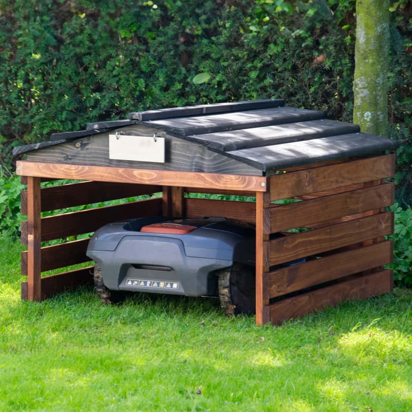 dobar® Garage pour Robot Tondeuse en Bois avec Toit Amovible, abri pour Robot à Gazon, avec Panneau Personnalisable, 78,5 x 74 x 52,5 cm, Marron/Noir - 6
