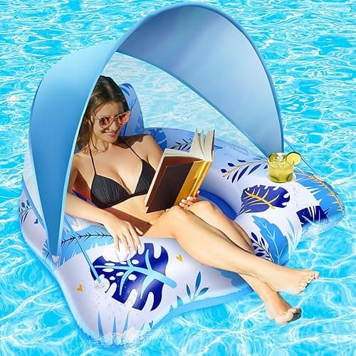 JONRRYIN Adult Inflatable Swimming Pool with Removable Sunshade, Swimming Pool Float, Swimming Pool Chair for Adults with Drink Holder and Backrest and Armrest for Outdoors, Beaches, Pools, Lakes