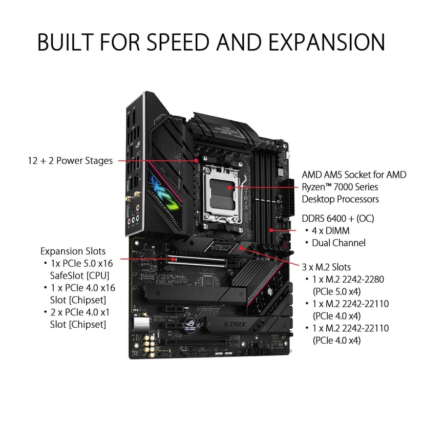 ASUS ROG Strix B650E-F Gaming WiFi AMD Ryzen AM5 ATX motherboard, 12 + 2 power stages, DDR5, three M.2 slots, PCIe 5.0, WiFi 6E, 2.5G LAN, USB 3.2 Gen 2x2 Type-C port, and Aura Sync RGB - 2