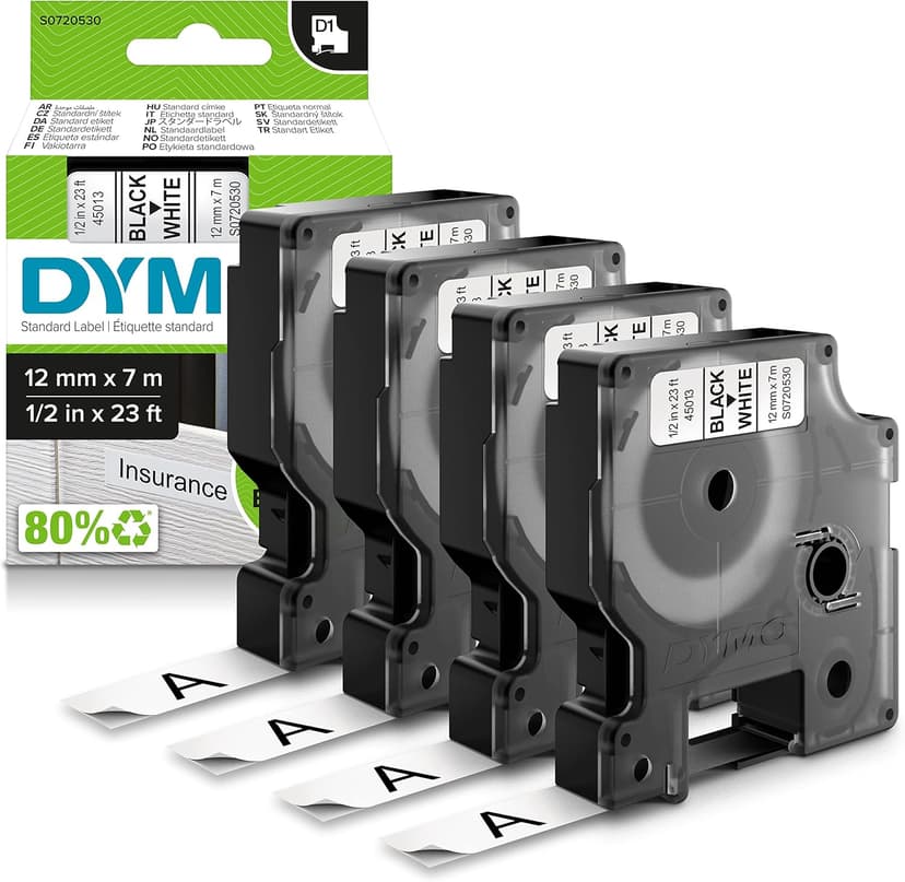 DYMO Authentic D1 Labels | Black Print on White | 12mm x 7m | Self-Adhesive Labels for LabelManager Label Printers | 4 Count - 1
