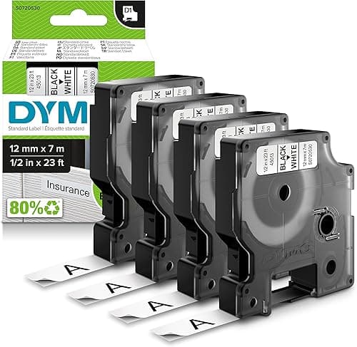 DYMO Authentic D1 Labels | Black Print on White | 12mm x 7m | Self-Adhesive Labels for LabelManager Label Printers | 4 Count