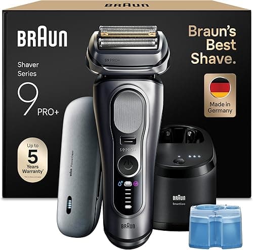 Braun Series 9 PRO+ Men's Electric Razor, 5+1 Ultra Thin Blades, Shaver with 60 Minute Battery, Charging Case, 6-in-1 SmartCare Center, Wet & Dry, Electric Shaver, Made in Germany, 9677cce, Silver