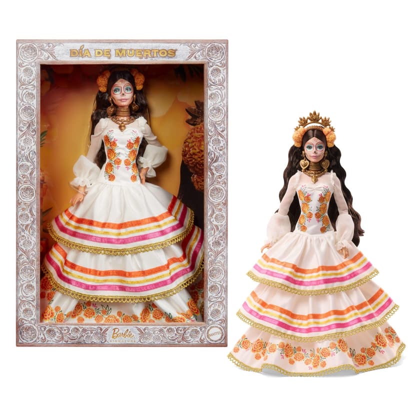 Barbie Signature Poupée Día De Muertos avec robe couleur crème à volants avec soucis et ruban, couronne de fleurs et maquillage calavera, JBJ05 - 1