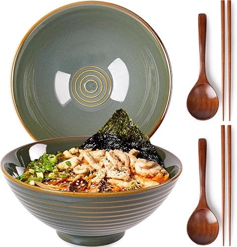 NUTRIUPS Lot de 2 bols à ramen en céramique de 1200 ml avec baguettes et cuillères, grand bol à soupe de 20 cm, vert mer profond
