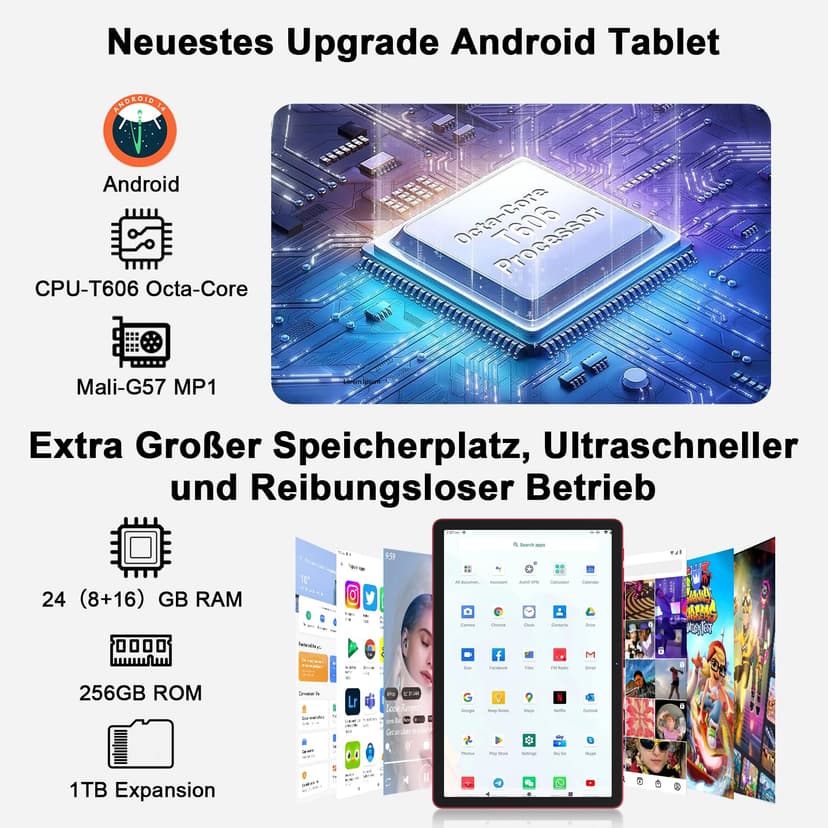 U7 11 Inch Android 14 Tablet with 24GB RAM, 256GB ROM, TF 1TB, Octa-Core 2.0 GHz, 5G WiFi, Bluetooth 5.0, Widevine L1, 5MP + 13MP, 8000mAh, Face Detection, GPS, Red - 4