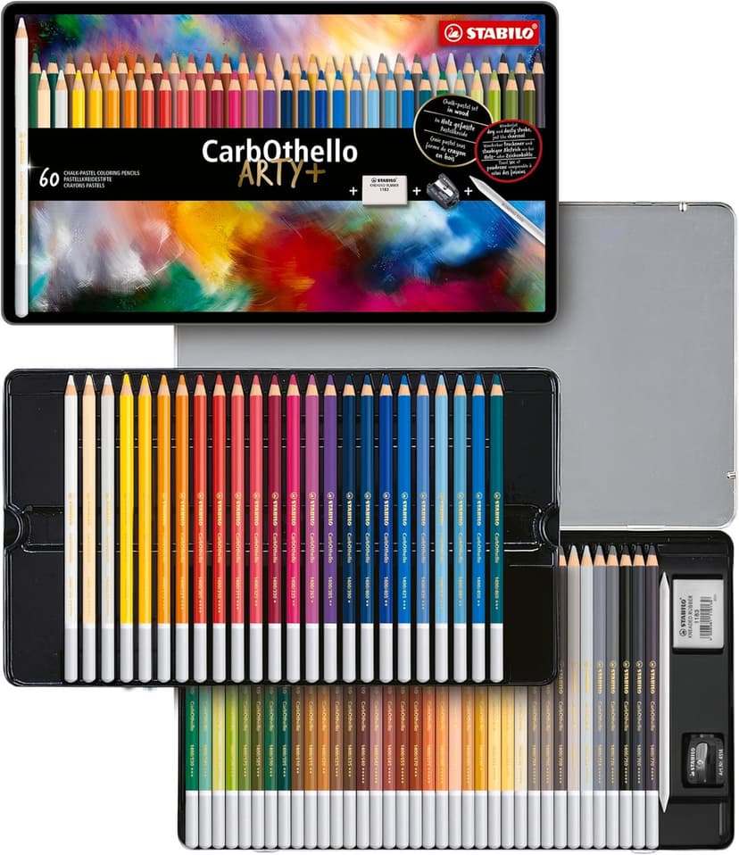 STABILO CarbOthello - Chalk-Pastel Pencil - ARTY+ - Tin of 60 - Assorted Colours with Sharpener, Kneaded Eraser and Blending Stump - 1