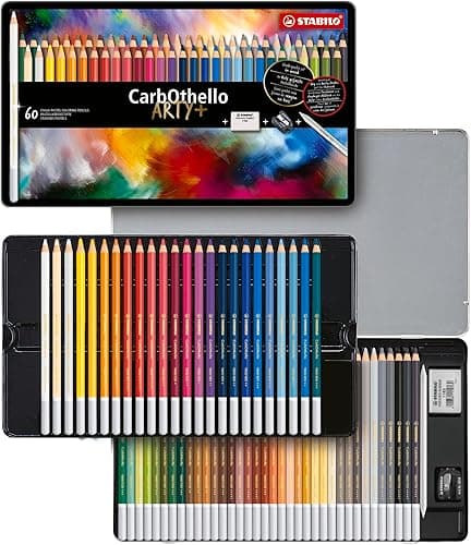 STABILO CarbOthello - Chalk-Pastel Pencil - ARTY+ - Tin of 60 - Assorted Colours with Sharpener, Kneaded Eraser and Blending Stump