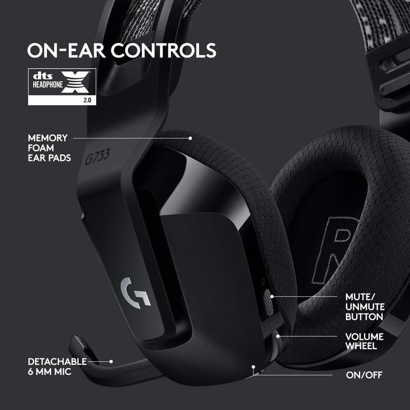 Logitech G G733 LIGHTSPEED Wireless Gaming Headset with suspension headband, LIGHTSYNC RGB, Blue VO,CE mic technology and PRO-G audio drivers, Lightweight, 29 Hour battery life, 20m range - Black - 6
