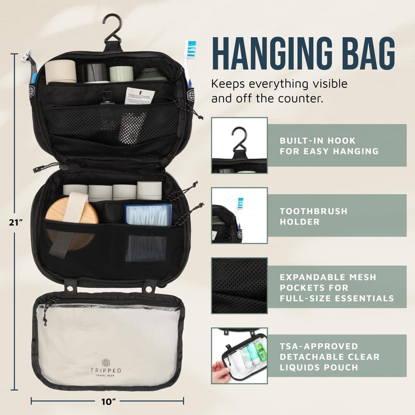 Toiletry Bag Kit Set: Hanging Travel Toiletry Bag + 311 TSA Cosmetic Liquid Bag + Ultralight Accessory Organizer Pouch, Black Ripstop, 3 Piece Toiletry Set - 3