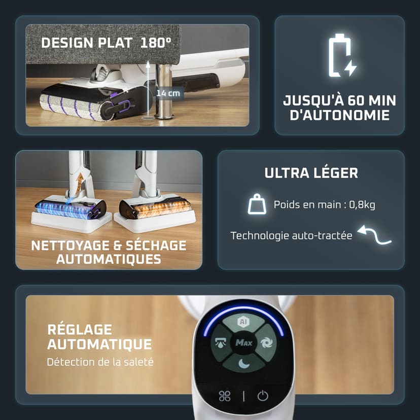 Rowenta X-Clean 10, Aspirateur Laveur sans Fil, Inclinable 180°, Auto-Nettoyage et séchage 65°C, 60min, pour tâches tenaces, Poils d’Animaux YY5785FE, Blanc - 3