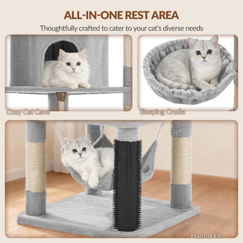 Fobyfurny Large Cat Tree, 220cm Cat Climbing Frame with Large Cave, 3 Top Perches, 8 Sisal Posts, Hammock, Baskets, Grooming Post, Thick Sisal Rope, Play Towers & Trees for Cats, Light Grey FPMS011FG1 - 6