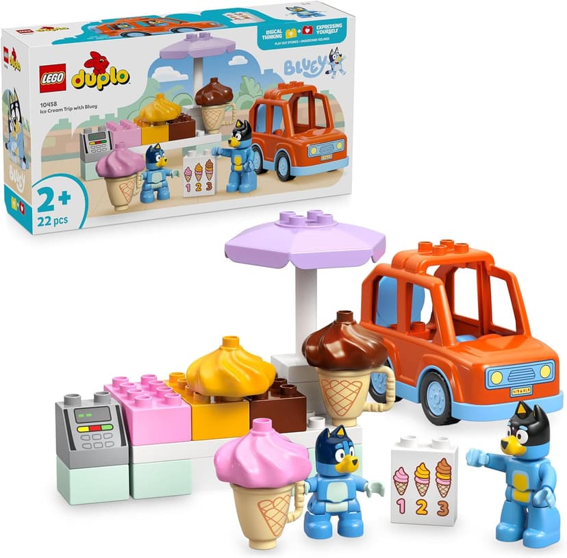 LEGO Duplo Visit to the Ice Merchant with Bluey - Educational Toy with Car, Ice Cream Stand & 2 Figurines Including Papa Bandit - Fine Motor Skills - Gift for Girl or Boy from 2 Years 10458 - 1