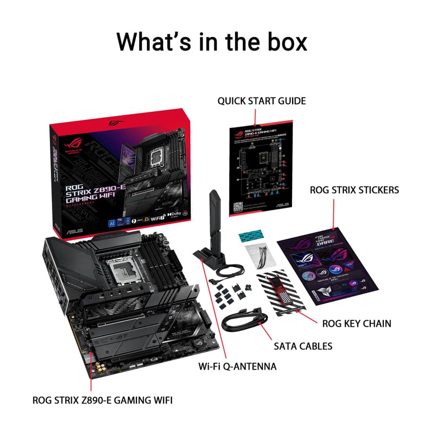 ASUS Intel ROG Strix Z890-E Gaming WiFi ATX motherboard, 18+1+2+2 power stages, DDR5 slots, PCIe 5.0 w/ full support for next-gen GPUs, seven M.2 slots, WiFi 7, AI Overclocking, AI Networking II - 6