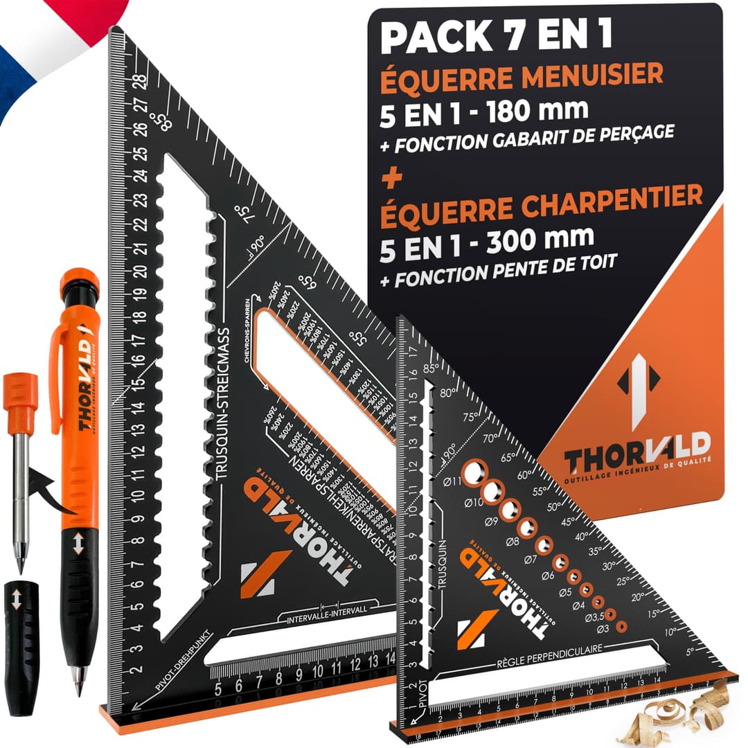THORVALD Pack 7 en 1 Equerre Menuisier 180 mm + Charpenti…