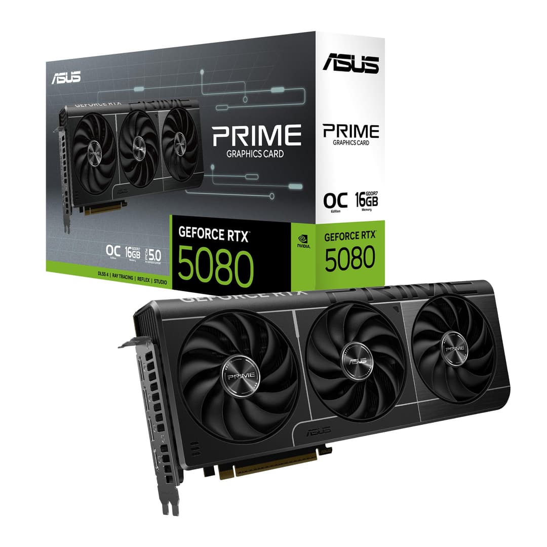 The SFF-Ready ASUS Prime GeForce RTX™ 5080 OC Edition 16GB GDDR7 Graphics Card (PCIe® 5.0, 16GB GDDR7, HDMI®/DP 2.1, 2.5-Slot, Axial-tech Fans, Vapor Chamber, Dual BIOS)