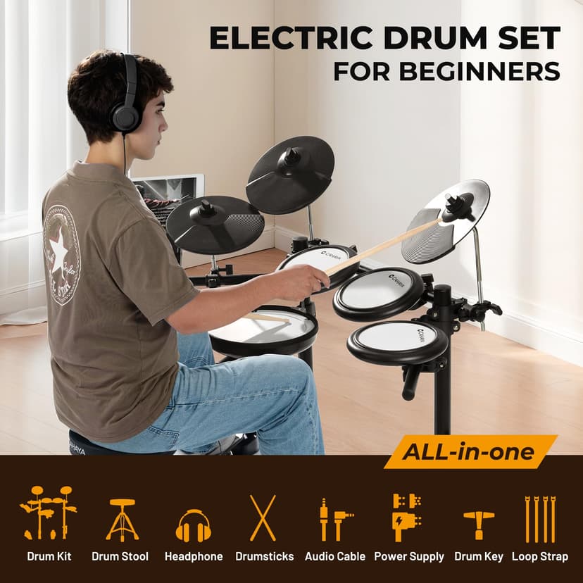 CAHAYA Batterie Électronique Kit Débutants – Avec Tabouret, Cymbales Double Déclencheur & Grosse Caisse Double Déclencheur, Peaux Maillées Silencieuses, 350 Sons, USB/MIDI & Casque, Portable - 5