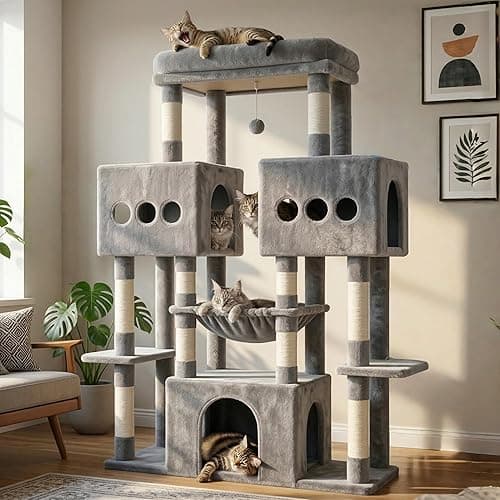 Hey-brother EMPJ083W 146 cm Stable Cat Tree with Toys, Cave, 3 Platforms, 2 Cat Baskets, Light Grey