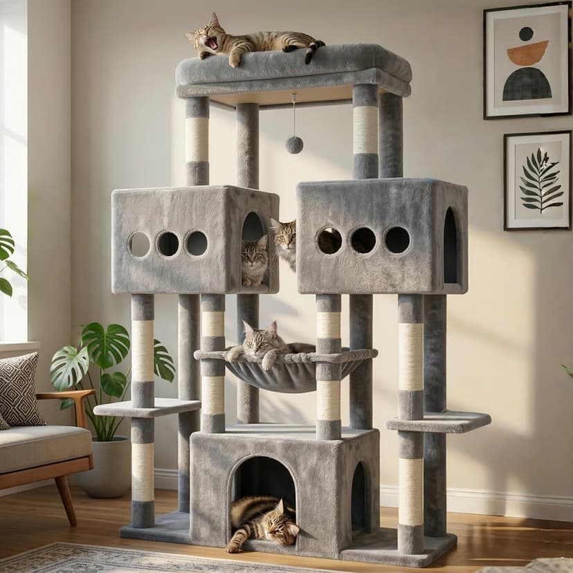 Hey-brother EMPJ083W 146 cm Stable Cat Tree with Toys, Cave, 3 Platforms, 2 Cat Baskets, Light Grey - 1