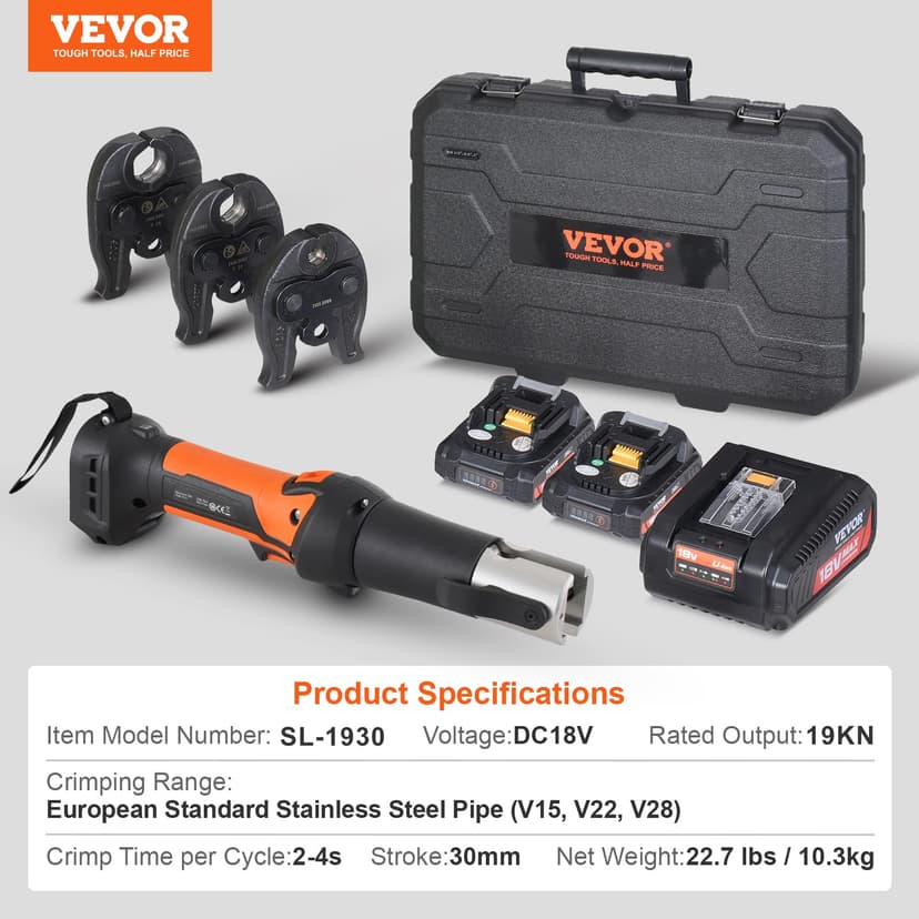 VEVOR Kit d'outils de sertissage de tuyaux électriques alimentés avec 2 batteries 18 V 2,0 Ah, pince à sertir professionnelle, avec mâchoires V15, V22, V28, chargeur rapide et étui de transport, 360° - 7