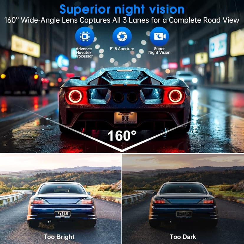Dash Cam Front and Rear, 2.5K /1080P QHD Dual Dash Camera for Cars, Super Night Vision Dashcam, Loop Recording, 3.39” IPS, 64GB Card Included, 160° Wide Angle, Parking Mode - Black Pro - 3