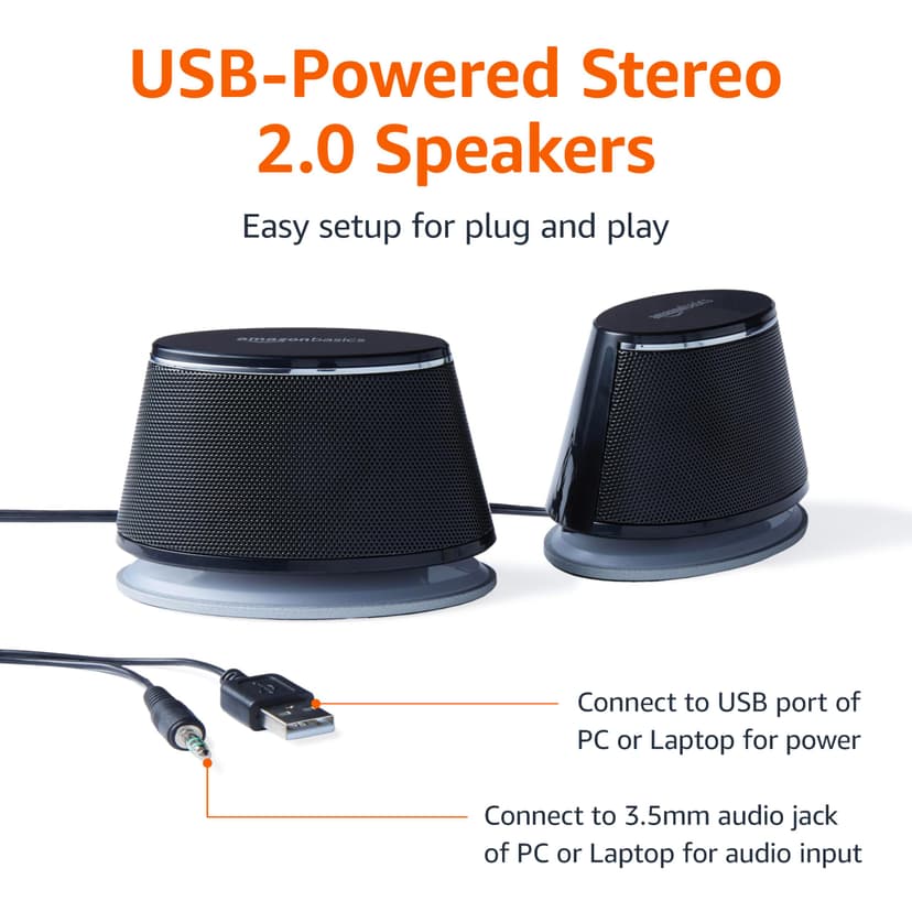 Amazon Basics Stereo 2.0 Speakers for PC or Laptop, 3.5mm Aux input, USB-Powered, 1 Pair, Black - 2