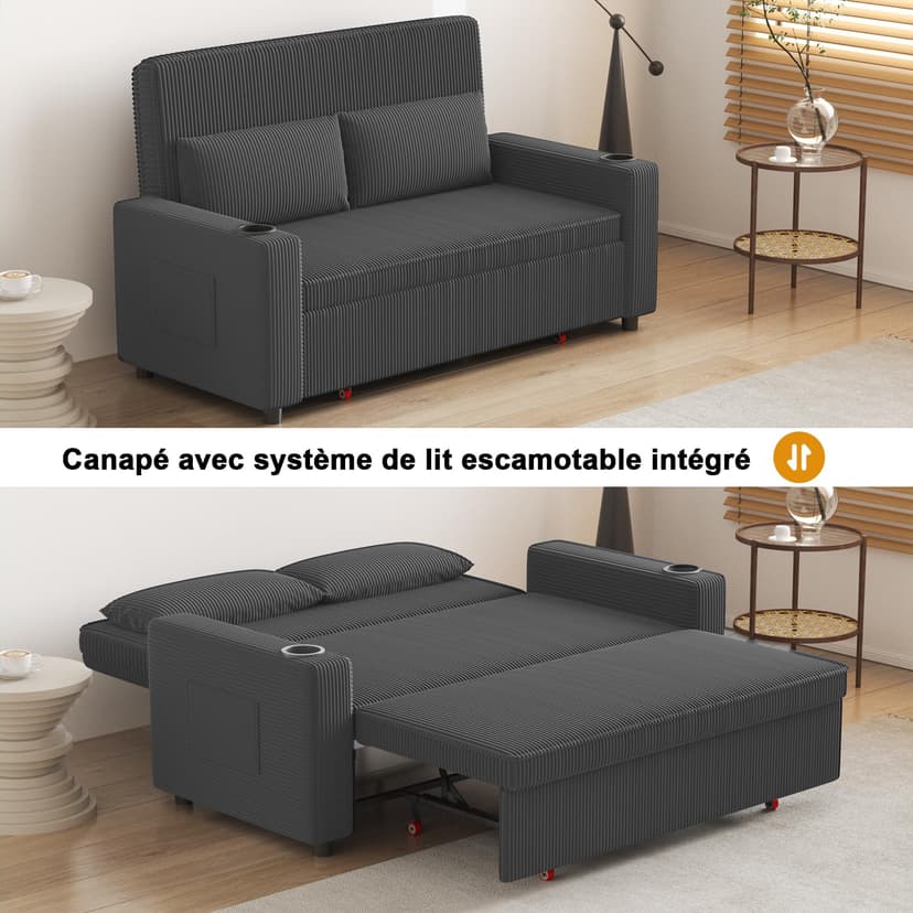 Devoko 2-Sitzer Schlafsofa 160 cm breit, Modernes Sofa mit Schlaffunktion, Ausziehbare Schlafcouch mit Verstellbarer Rückenlehne, Platzsparendes Klappsofa für Wohnzimmer, Grau - 5