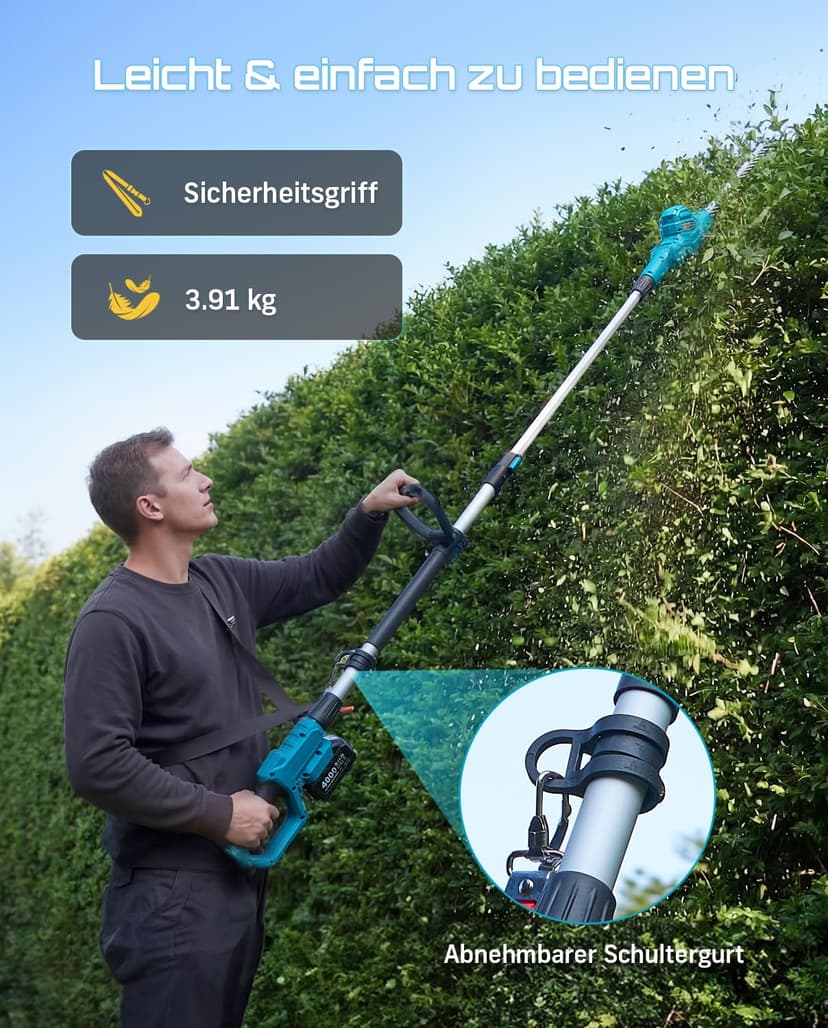 SEESII Telescopic Hedge Trimmer Battery 20 Inches, Lightweight 3.9 kg for Elderly and Women, 4.4 m Reach, 600 W Motor with 2 x 4.0Ah Batteries, Adjustable Head 135°, Electric Hedge Trimmer for High - 7