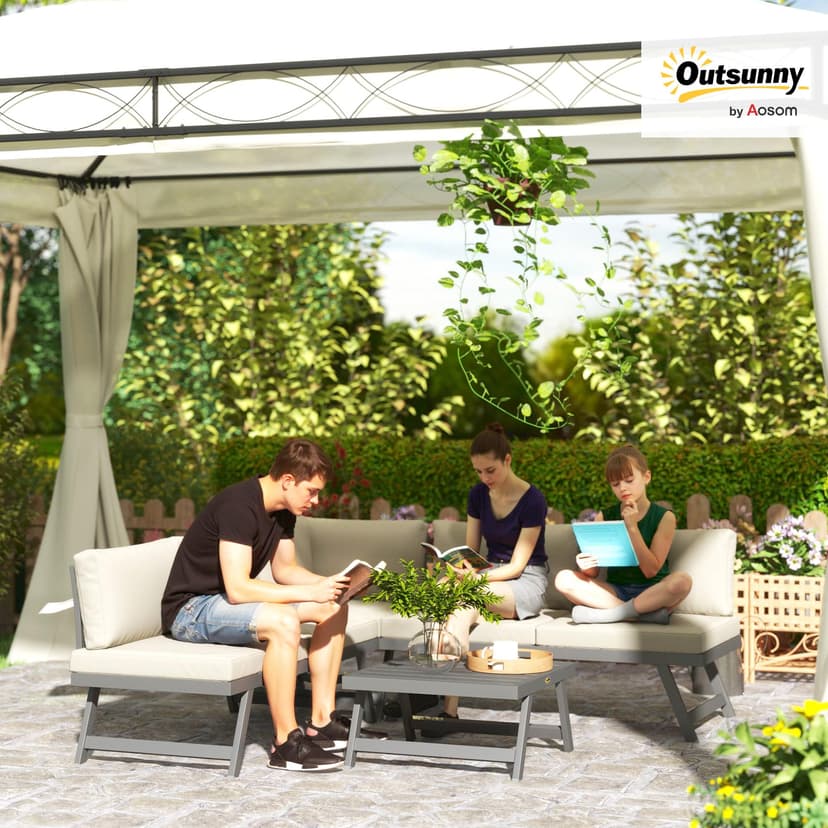 Outsunny Salon de Jardin extérieur d'angle et Convertible 4 pièces avec 2 banquettes, 1 Fauteuil d'angle et 1 Table Basse, Aluminium et Acier mobilier de Jardin pour Balcon terrasse, Beige - 2