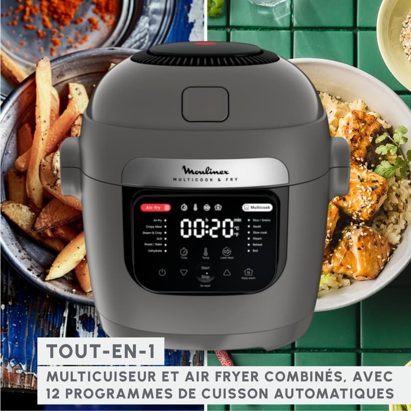 Moulinex Multicook & Fry, multicooker and integrated air fryer, 12 programs, Cooking on 2 levels, Delayed start, Capacity 6L, Grey Hippo, MZ730BF0 - 2