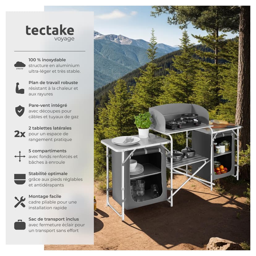 tectake® Meuble de Rangement Cuisine de Camping Pliable XXL en Aluminium, avec 5 Étagères, Plan de Travail, Pieds réglables, Sac de Transport Inclus, Stockage pour Vaisselle, Accessoires Cuisine - 2