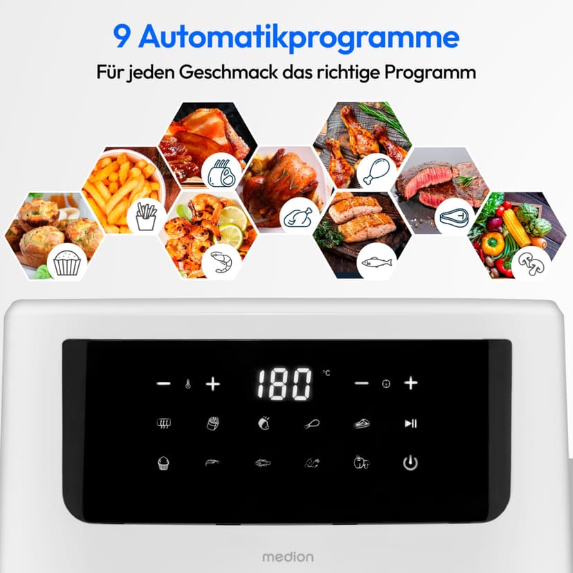MEDION P10 XL Duo Hot Air Fryer (6.8 Litre XXL, Airfryer, 2,150 Watt, Two Stainless Steel Heating Elements, Shake Alarm, 9 Automatic Programmes, Touch Control Panel, LED Display), White - 5