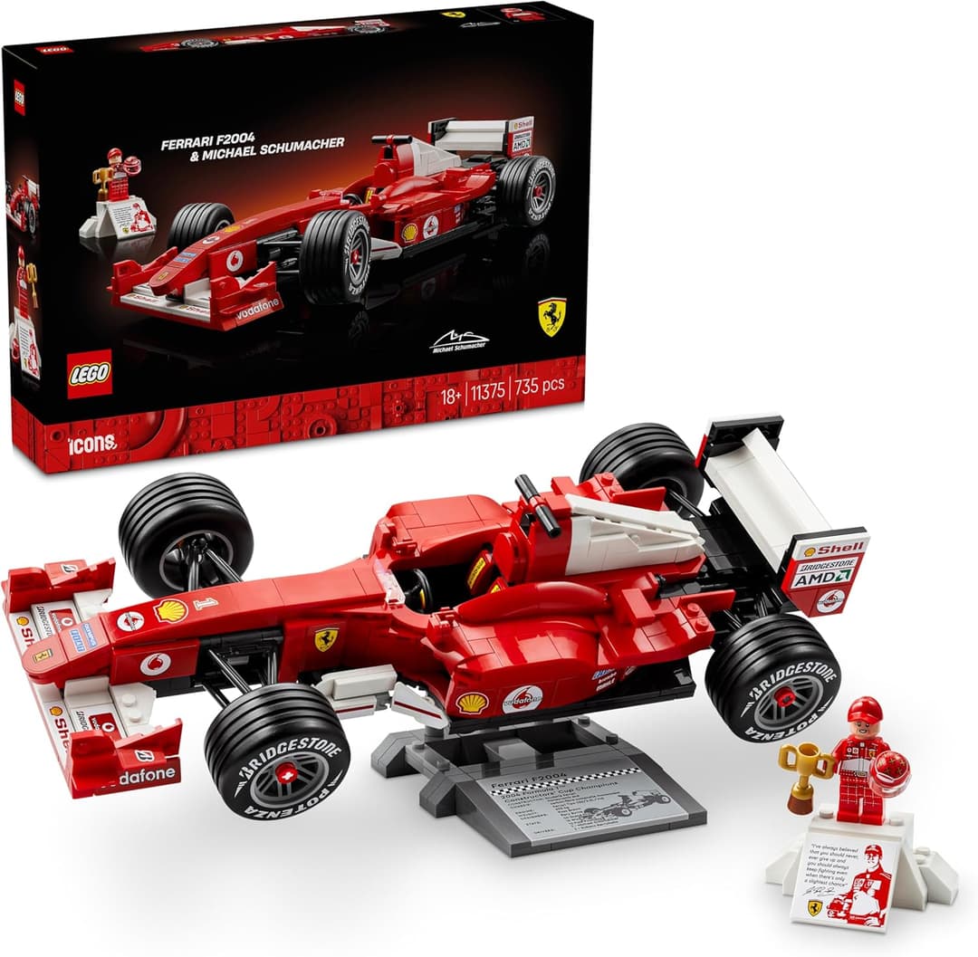 LEGO Icons Ferrari F2004 & Michael Schumacher - F1 Car Model Kit for Adults - Display Set w/ V10 Engine & Collectible Driver Minifigure - DIY Formula 1 Gift for Motorsport Fans - 11375