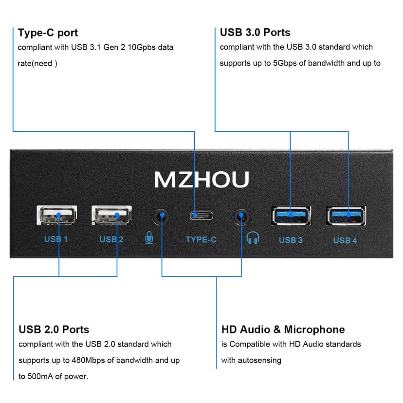 MZHOU USB 3.2 GEN2 Front Panel Expansion Card, 10 Gbit/s Type-C, 4 USB Ports (5Gbps 480Mbps), HD Audio,for 5.25-Inch Optical Drive Panel Bay - 4
