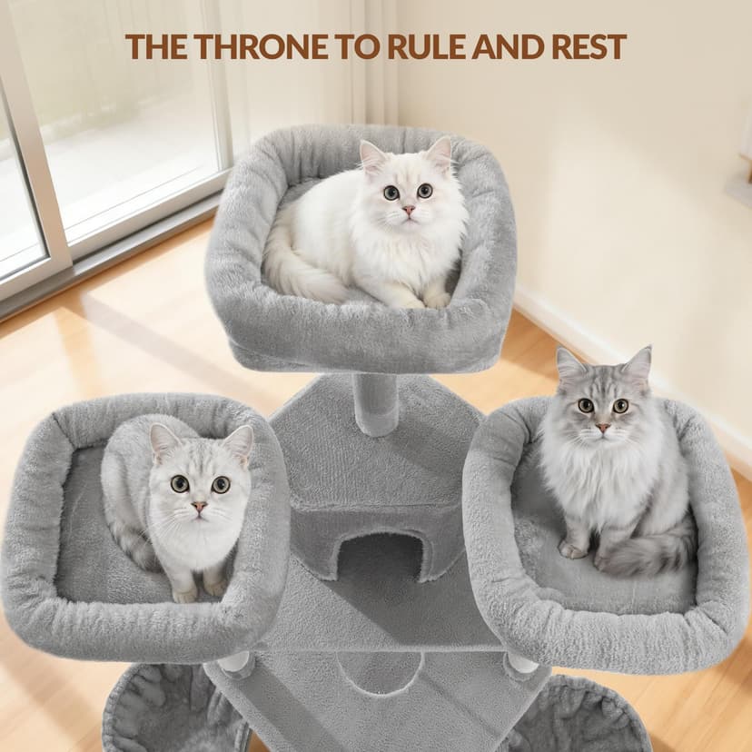 Fobyfurny Large Cat Tree, 220cm Cat Climbing Frame with Large Cave, 3 Top Perches, 8 Sisal Posts, Hammock, Baskets, Grooming Post, Thick Sisal Rope, Play Towers & Trees for Cats, Light Grey FPMS011FG1 - 3