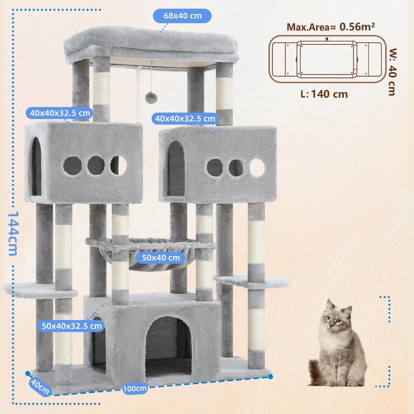 Hey-brother EMPJ083W 146 cm Stable Cat Tree with Toys, Cave, 3 Platforms, 2 Cat Baskets, Light Grey - 2